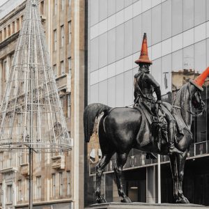 Duke of Wellington Statue in Glasgow - with traffic cone on his head