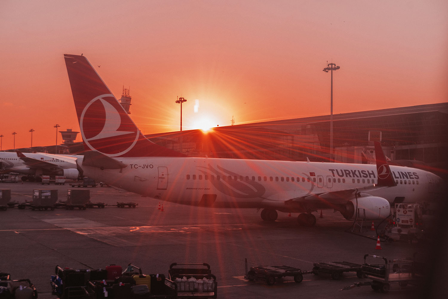 Turkish Airlines in Sunset at Instabul airport