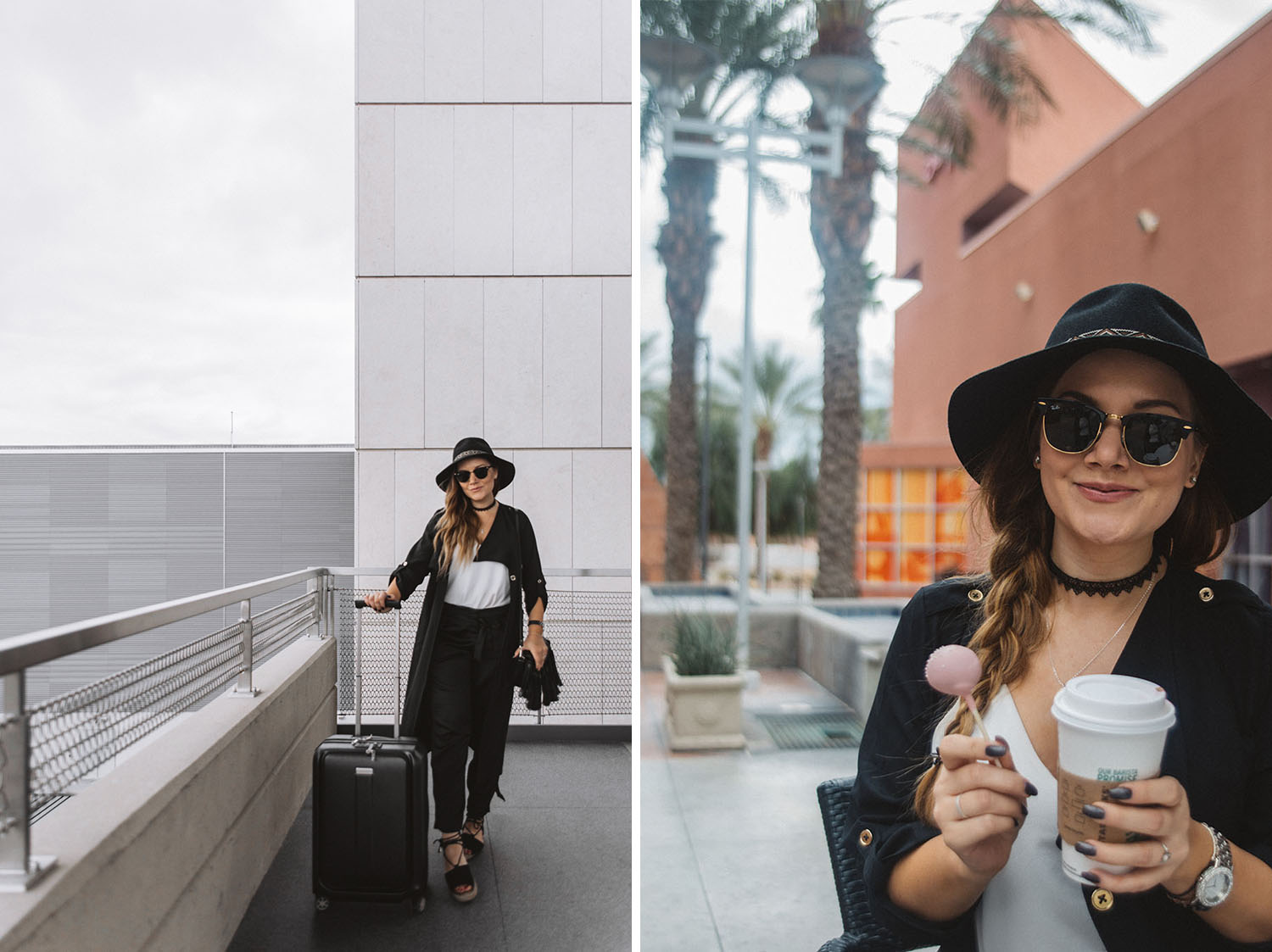 Travel in Style Outfit Idea: Hat, Sunglasses & Black Cardigan