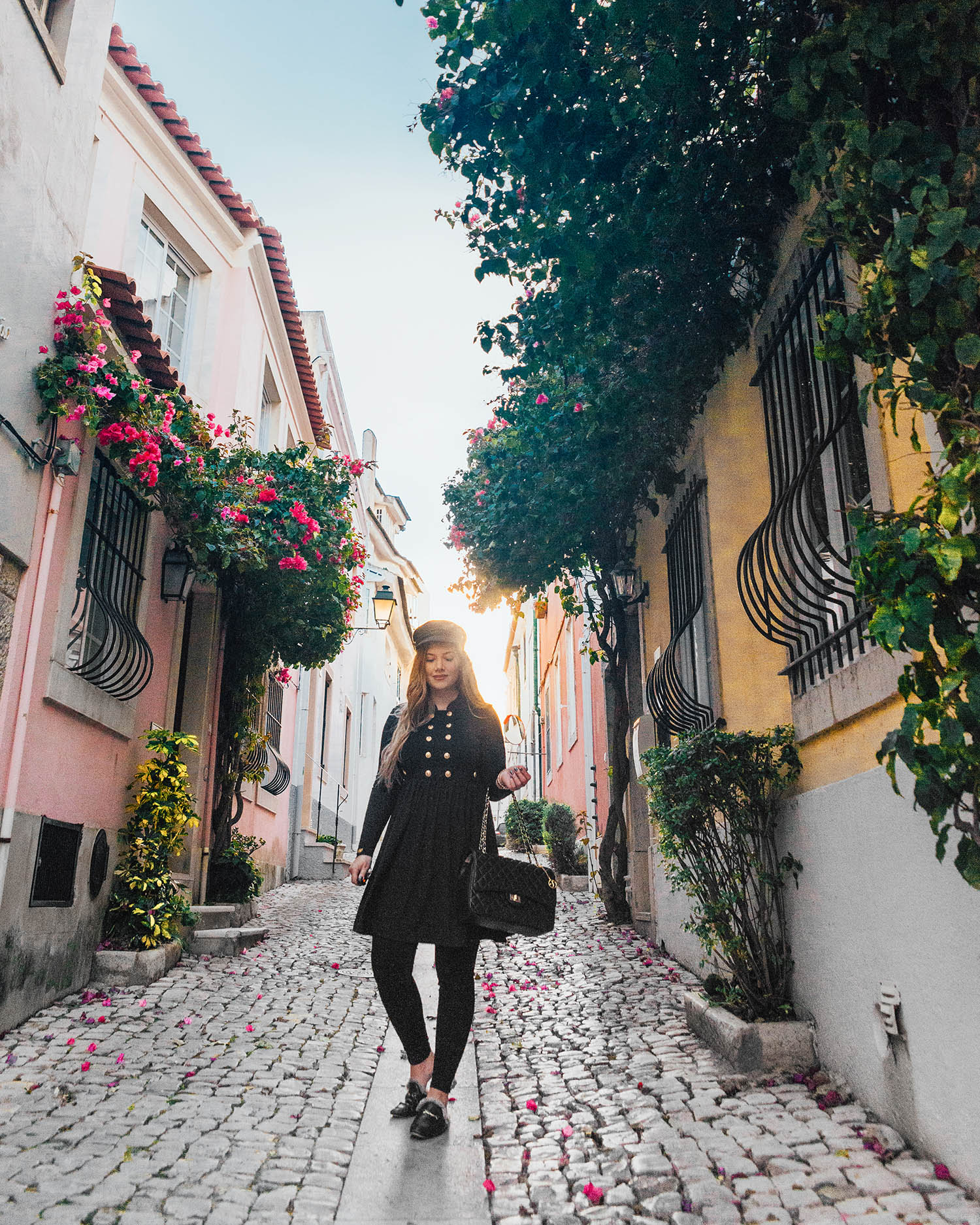 Adaras Black Wardrobe Essentials: Long sleeved black dress / Street of Cascai, Portugal