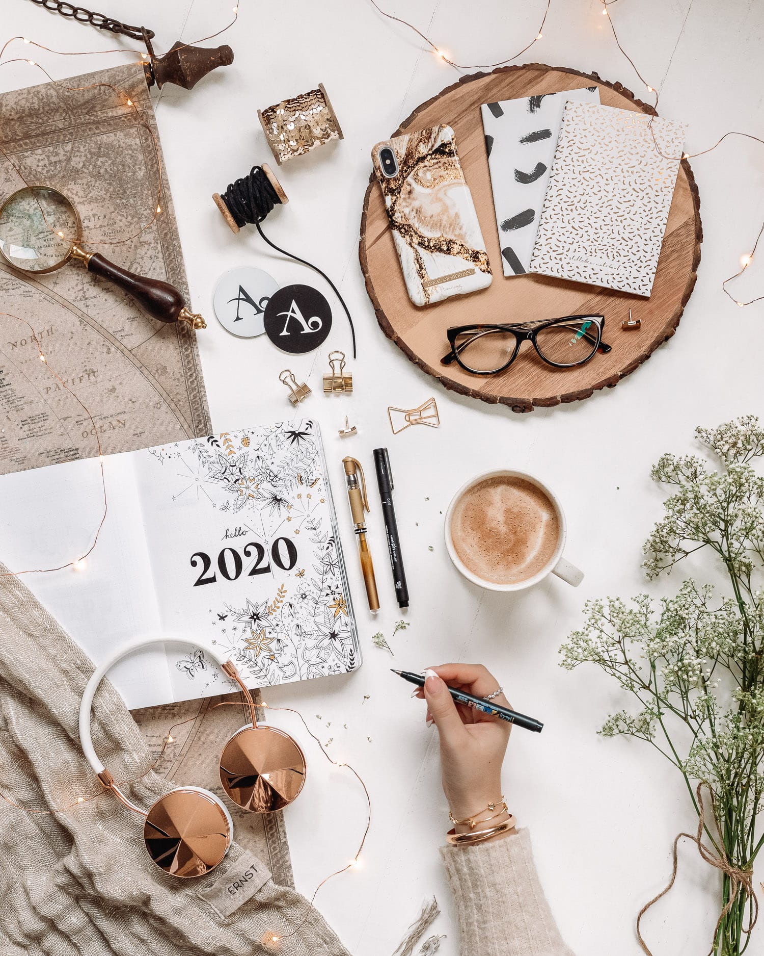 Flatlay with Decorated Bullet Journal Cover for 2020