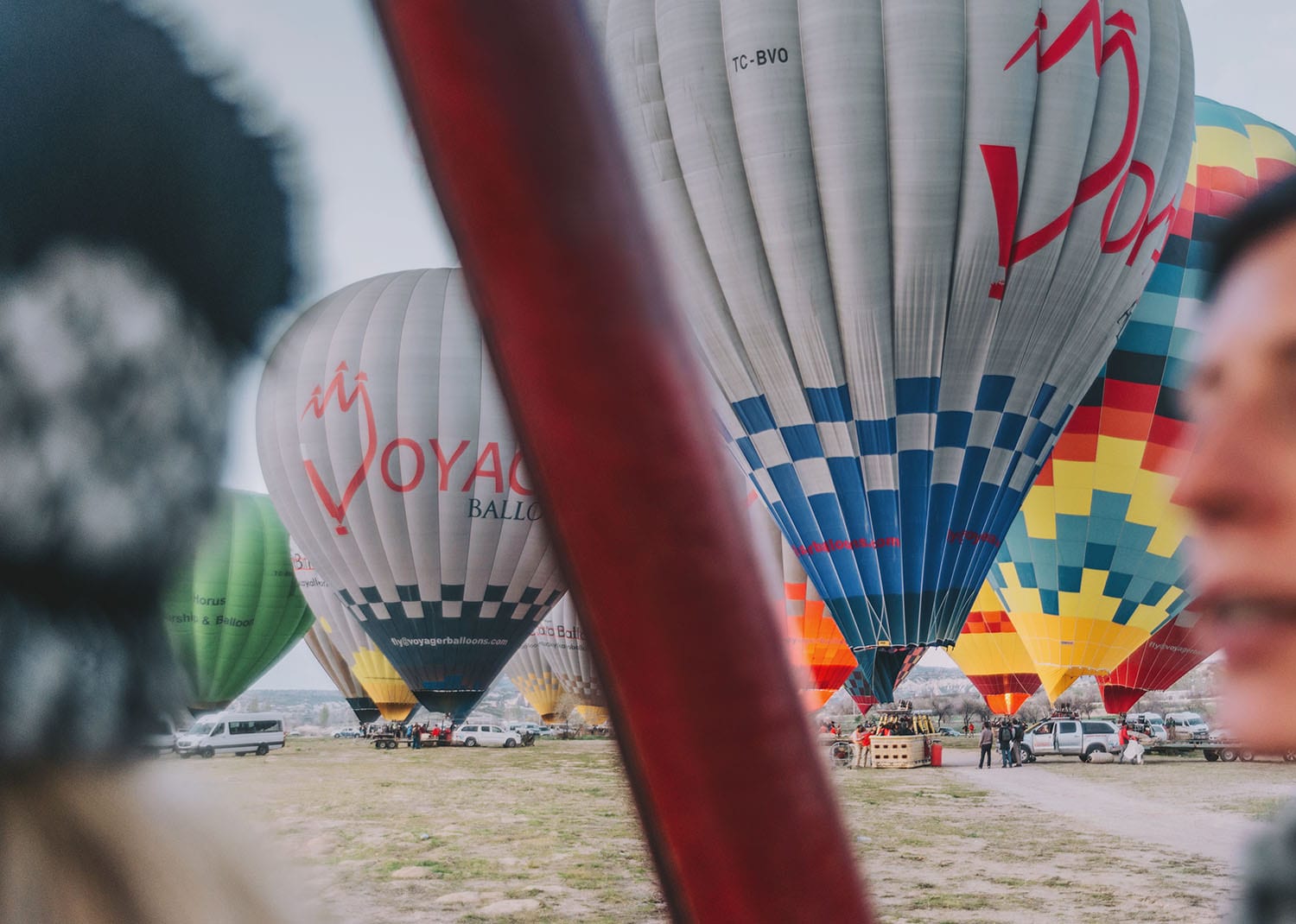 Getting ready in a hot air balloon basket