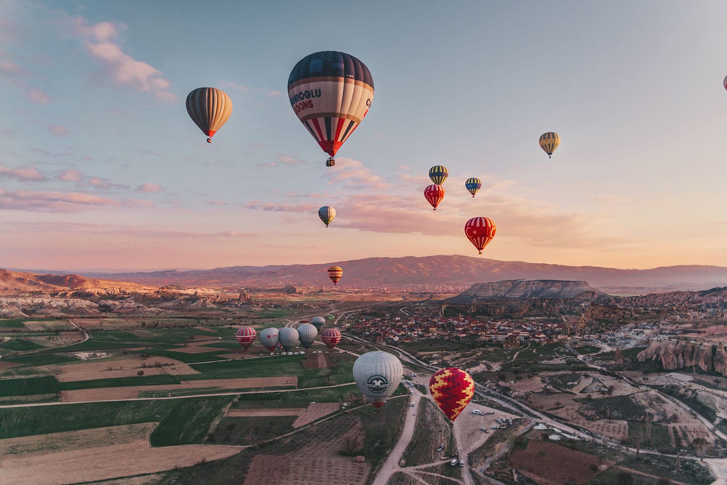 Hot air balloons in magical sunrise in Cappadocia, Turkey