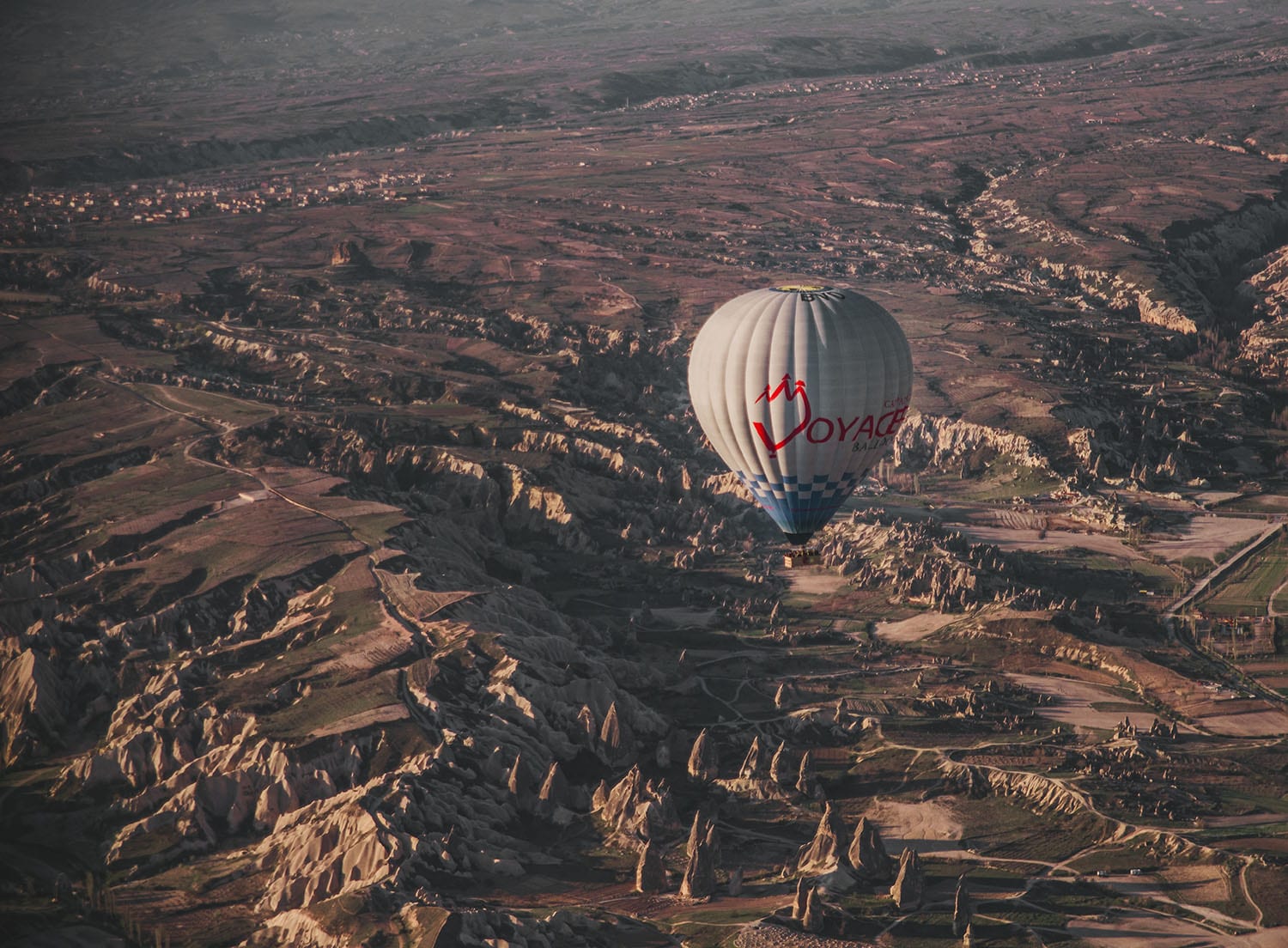 Close up of single hot air balloon in Cappadocia, Turkey