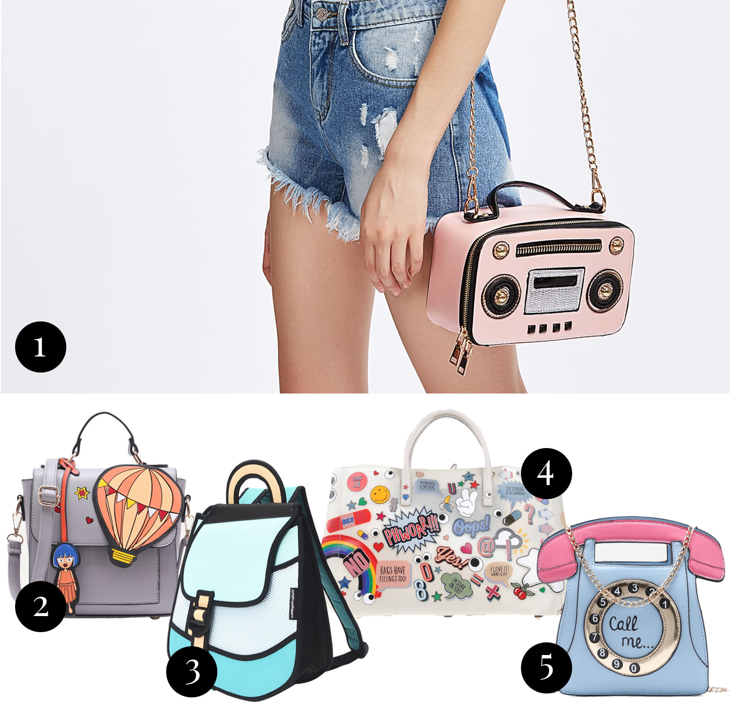 Collage with cool cartoon statement bags