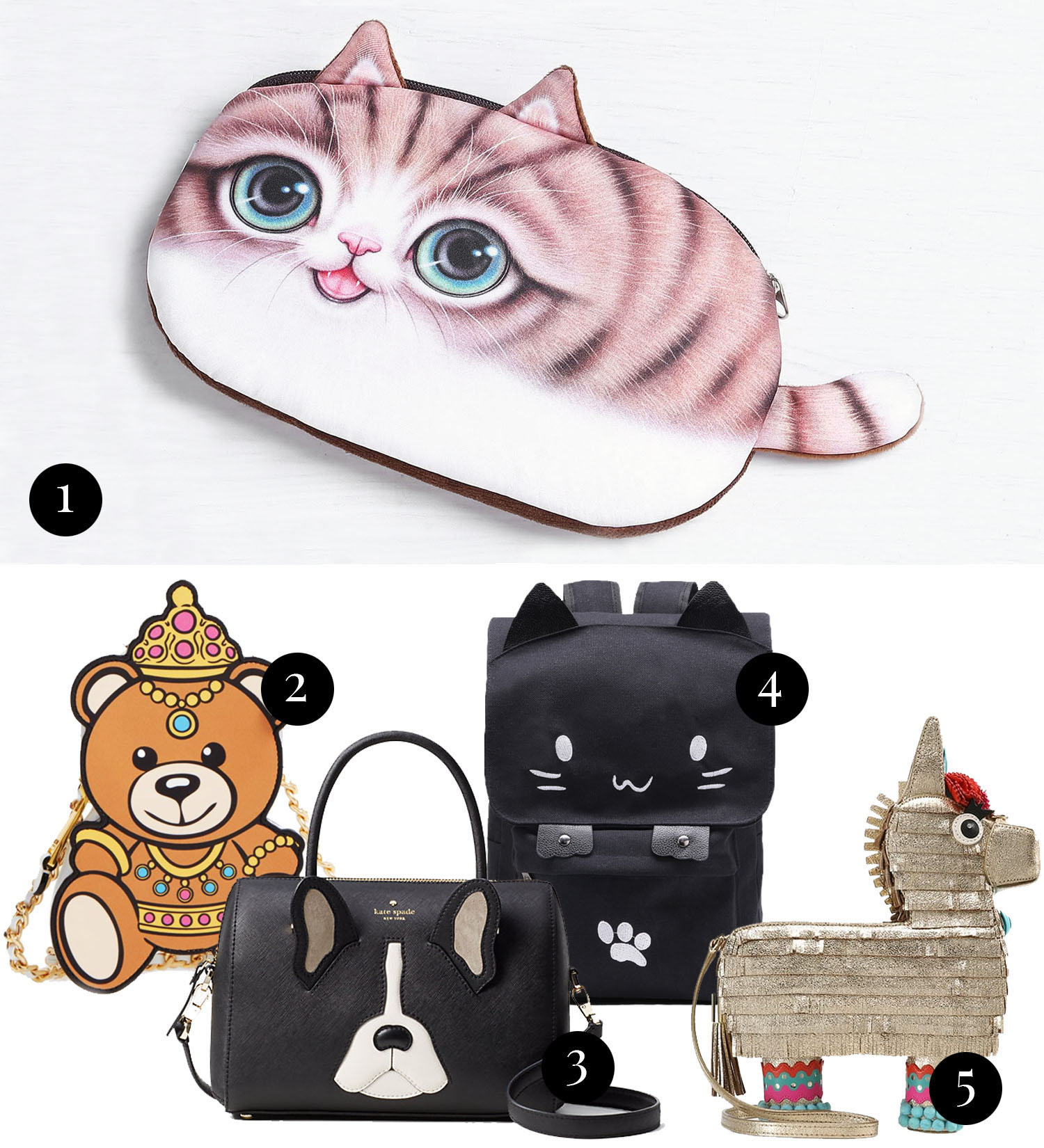 Collage with cute animal statement bags