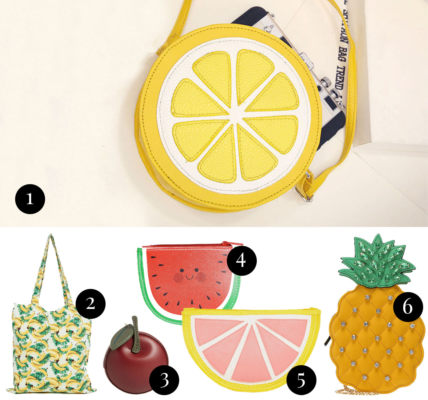 Collage with fruit shaped statement bags