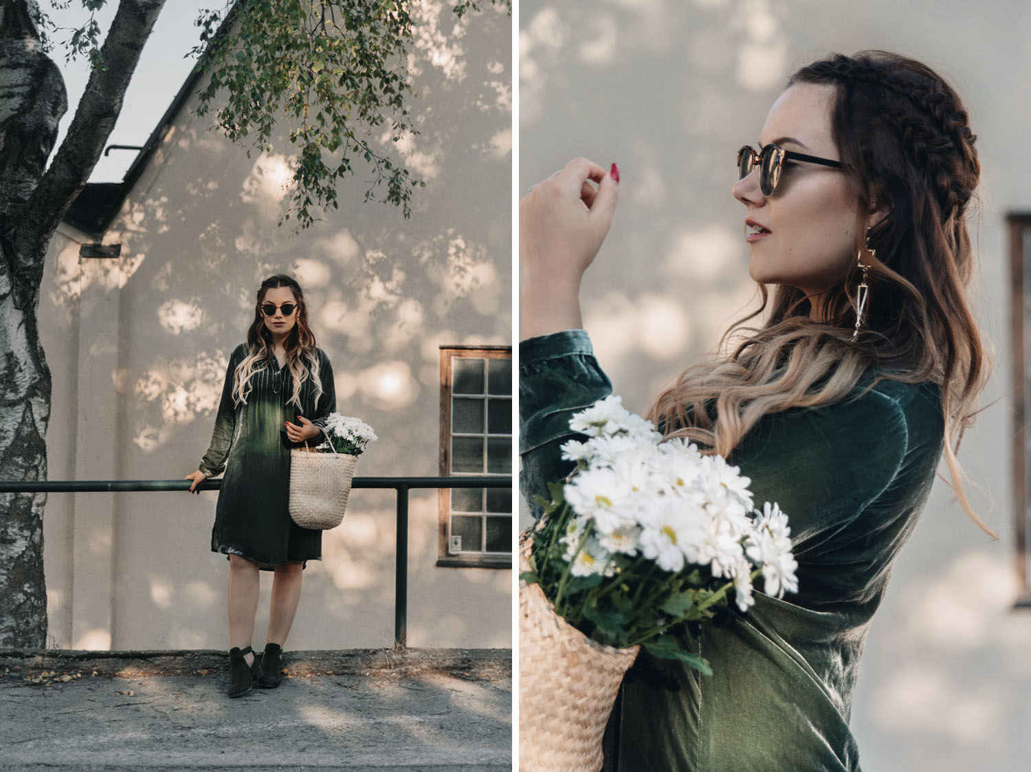 Green velvet dress outfit + basket & flowers