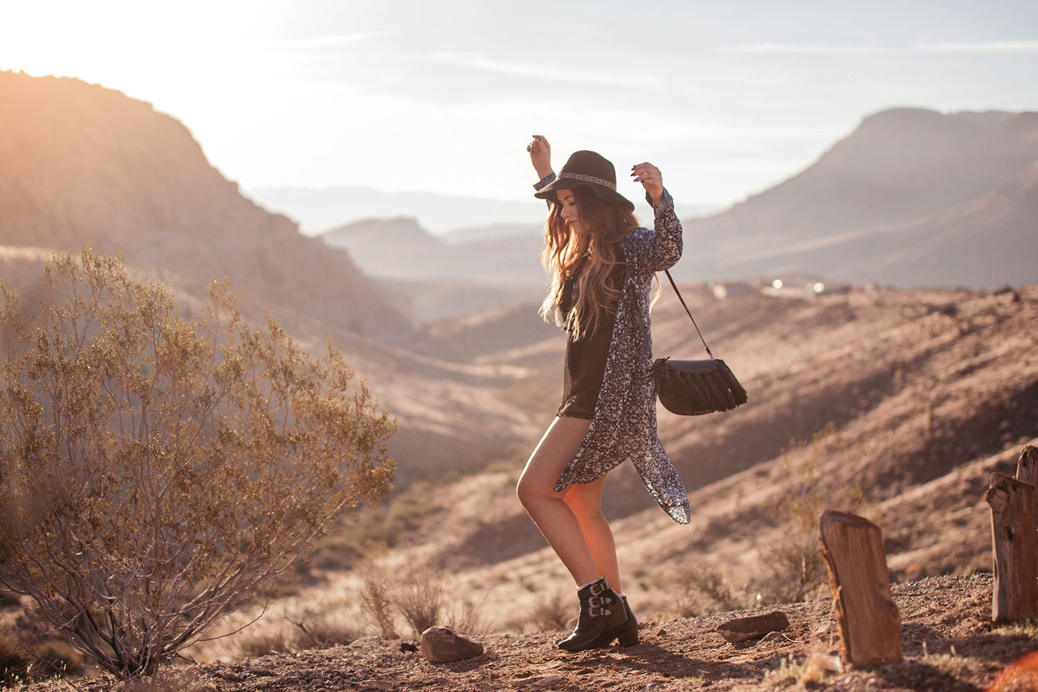 Boho Outfit in Red Rock Canyon Sunrise - Dress, Boots, Hat & Fringe Bag