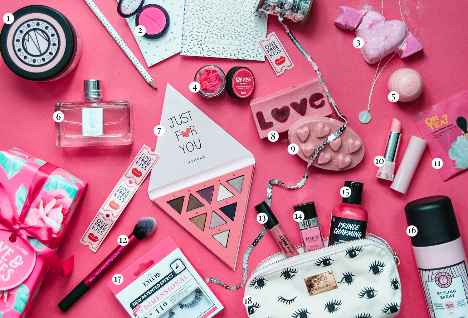 Flatlay with Pink Products to Treat Yourself on Valentine's Day / Alla hjärtans dag-presenter