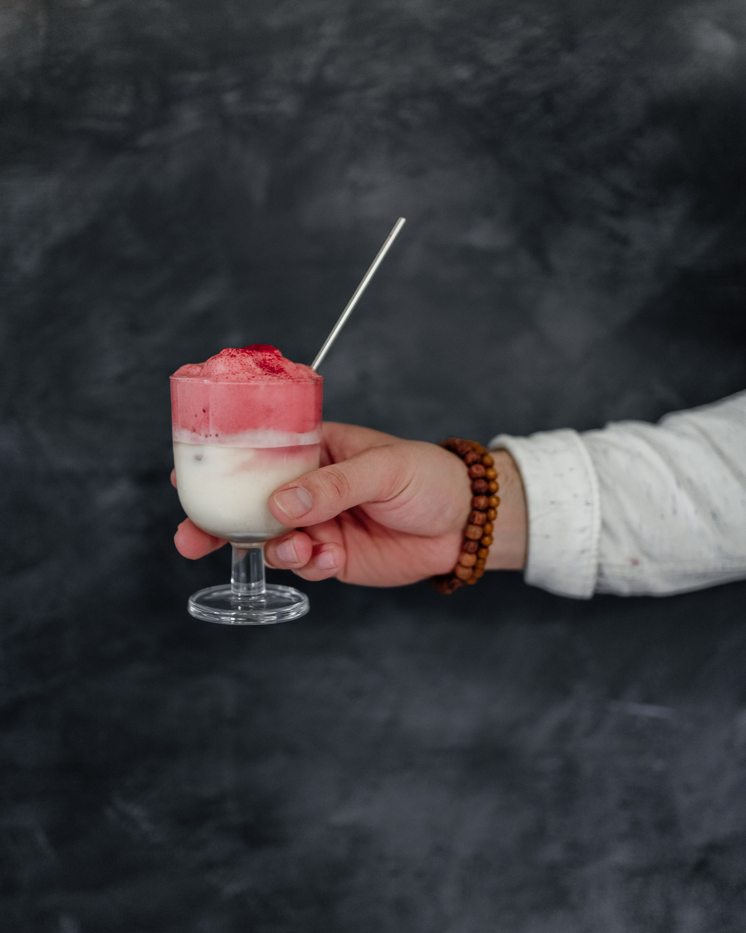 Pink Vegan Dalgona Beetroot Latte in a glass