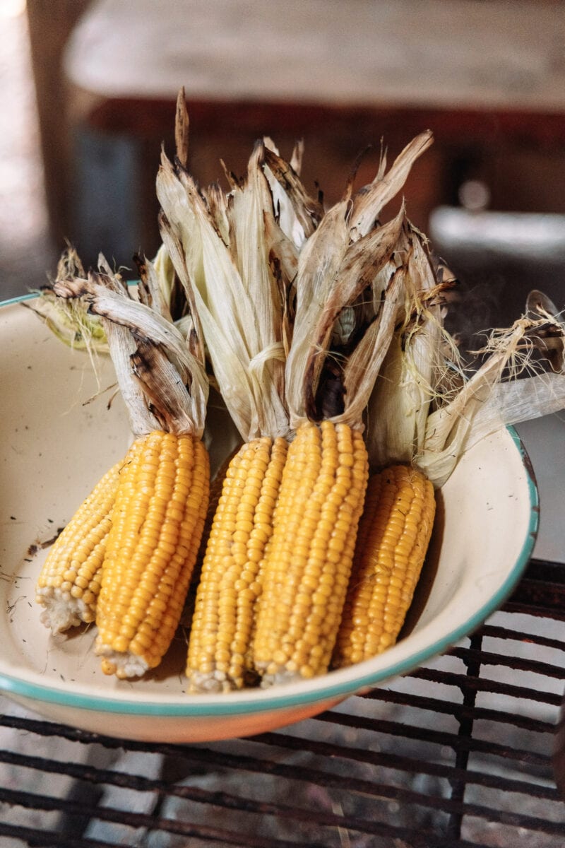 Corncobs ready to be grilled over an open fire.