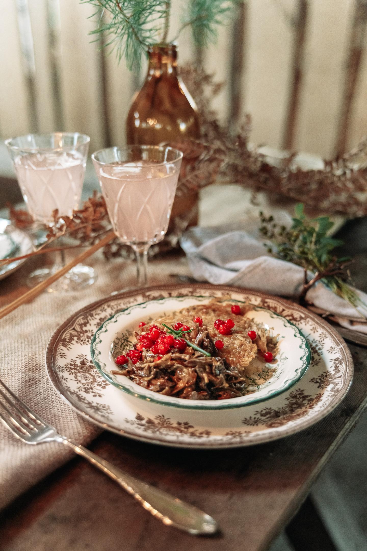 Ströms Catering's hash browns with mushrooms and lingonberries in Örebro, Sweden.