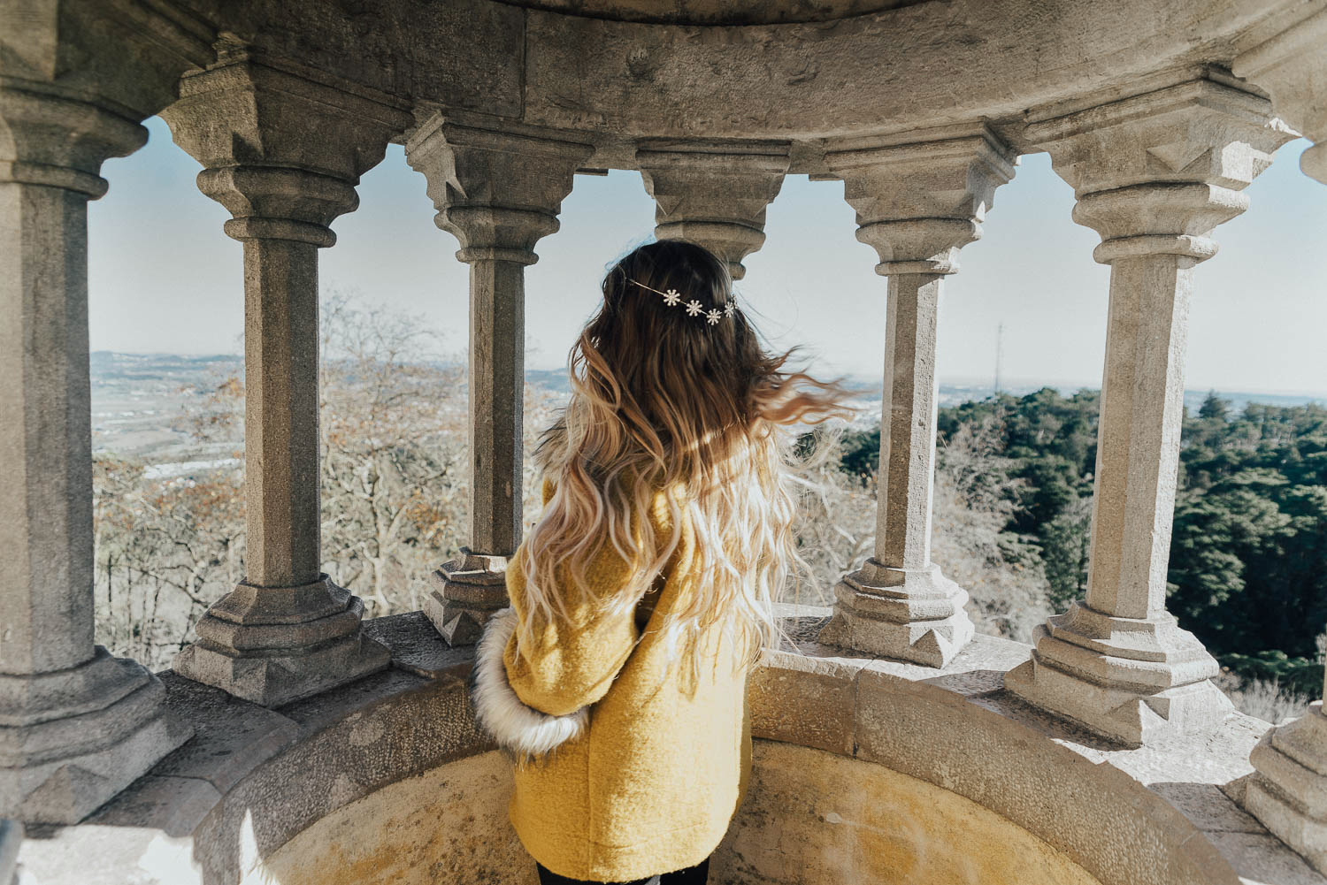 Adaras wearing a hair crown at Pena Palace in Sintra
