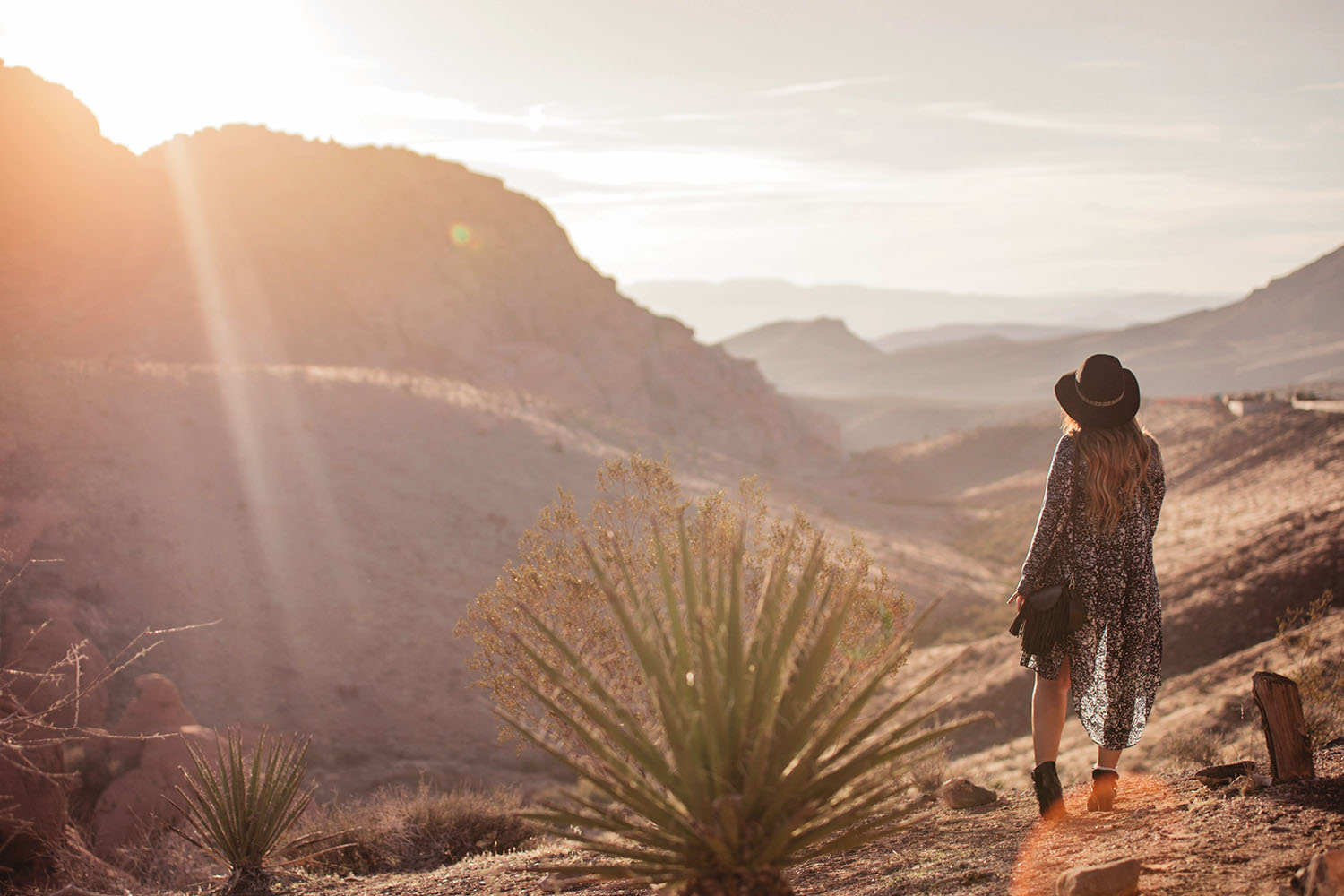 Boho Outfit in Red Rock Canyon Sunrise - Dress, Boots, Hat & Fringe Bag