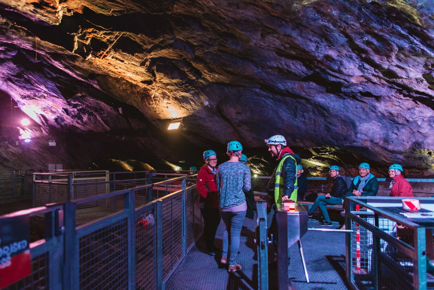 Underground trampolines - Journalists at Llechwedd Slate Caverns in Blaenau Ffestiniog, North Wales