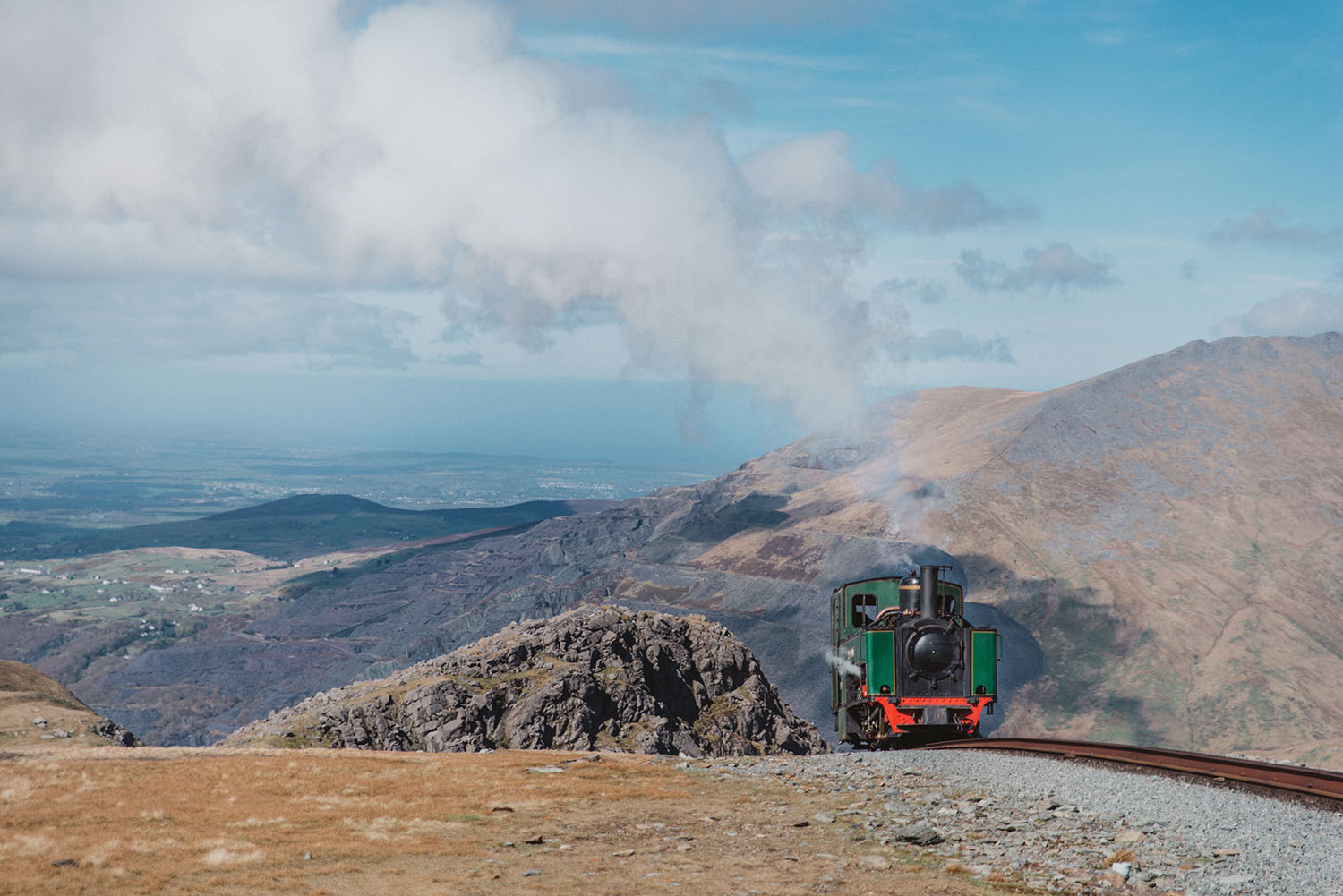 Steam train (Snowdon Mountain Railway) coming up Clogwyn, in Snowdonia National Park, Wales