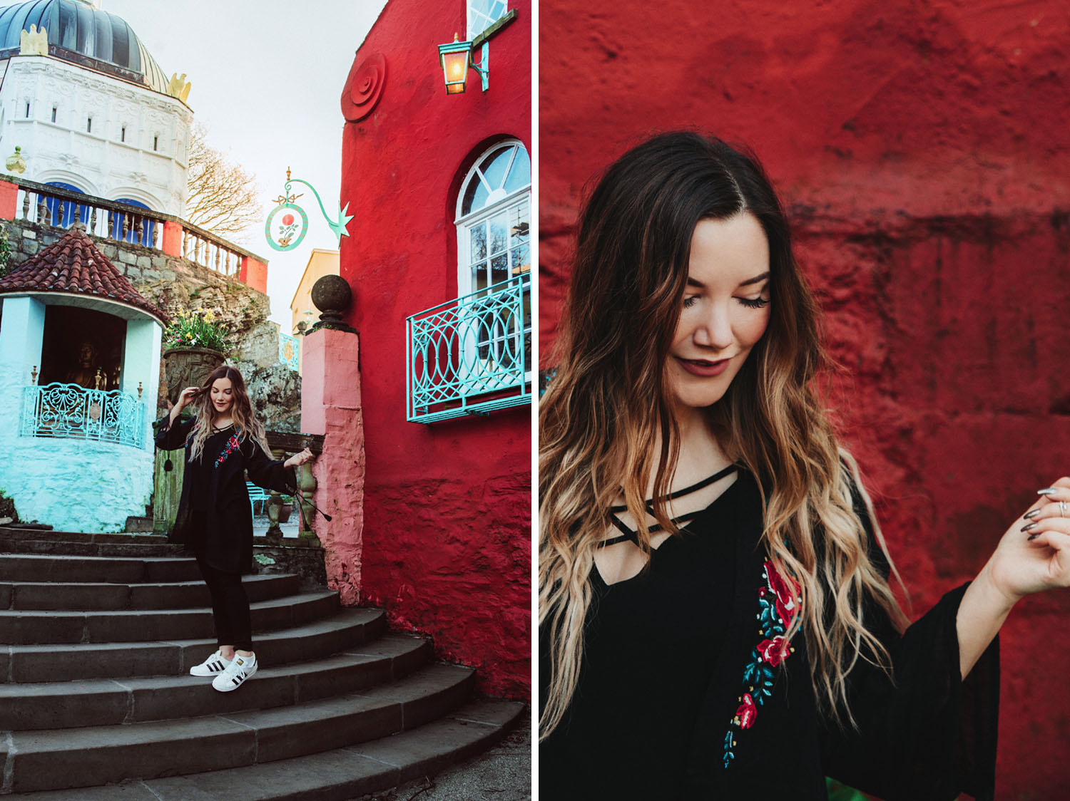 Portraits against a red building in Portmeirion