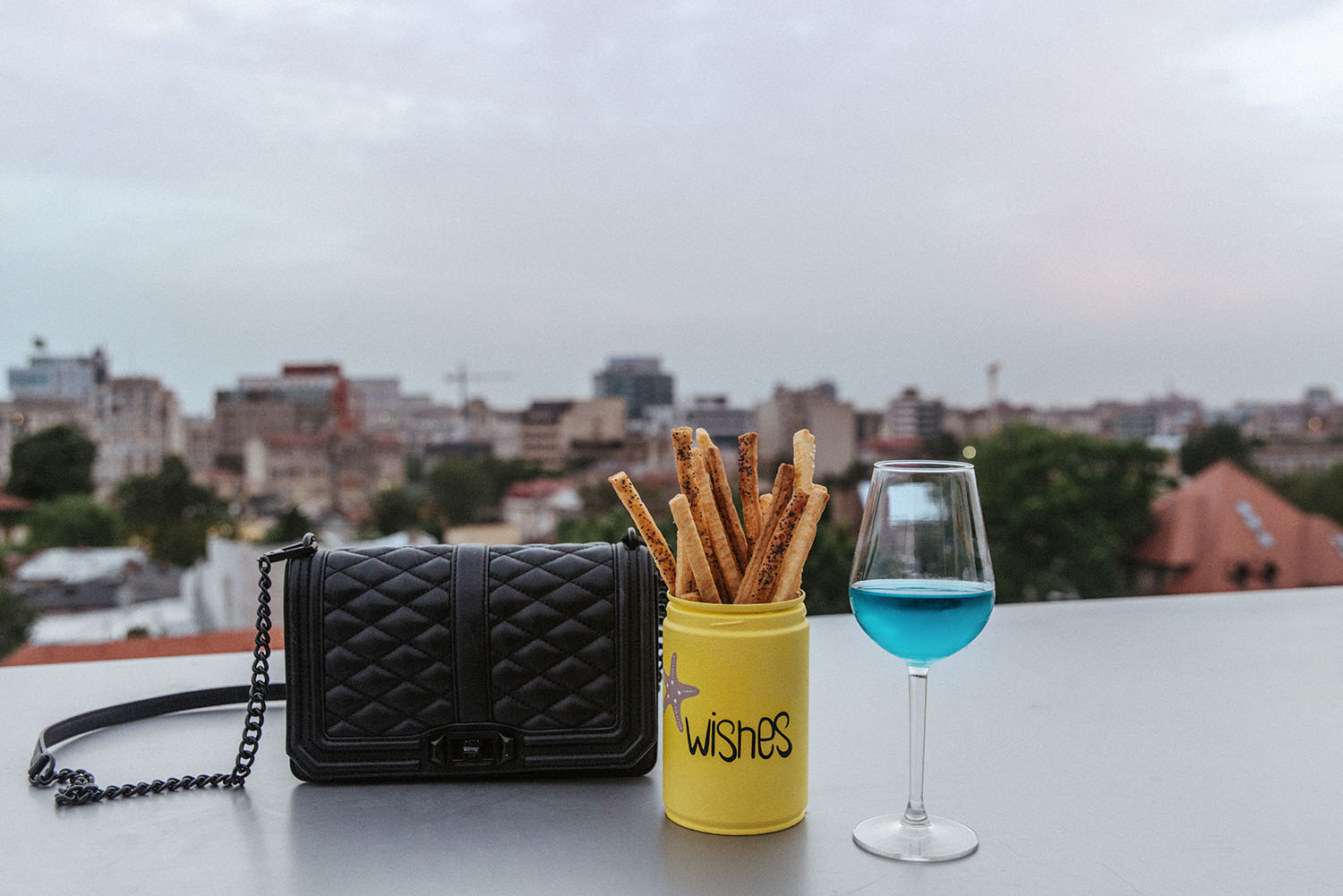 Blue wine at a rooftop in Bucharest