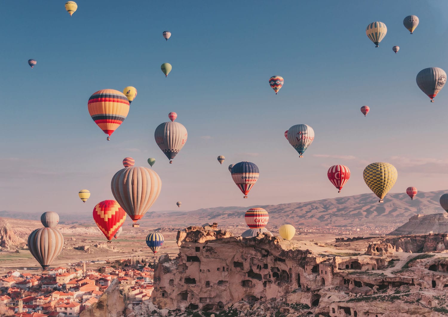 Beautiful sunrise with hot air balloons in Cappadocia, Turkey
