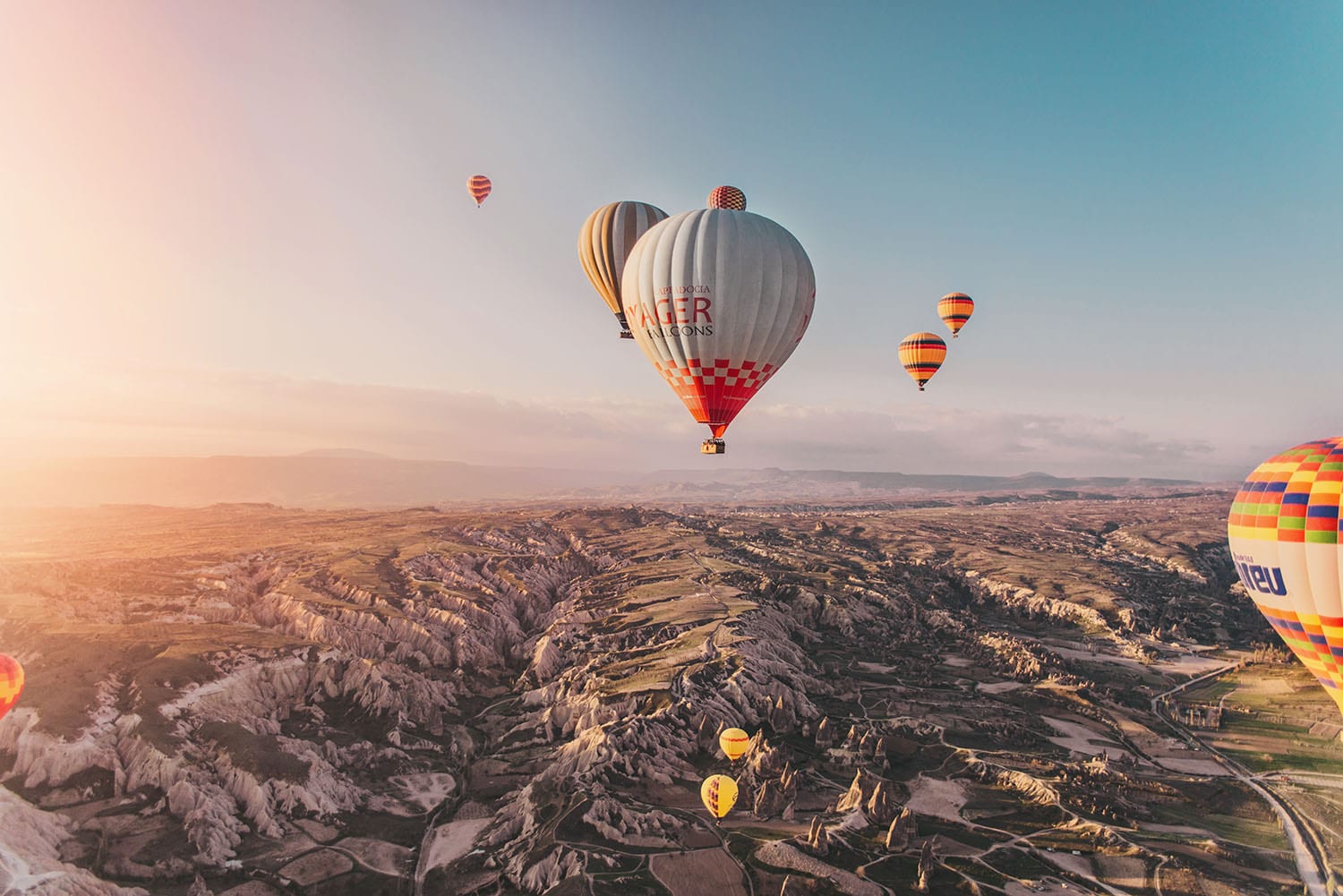 Stunning sunrise with hot air balloons in Cappadocia, Turkey