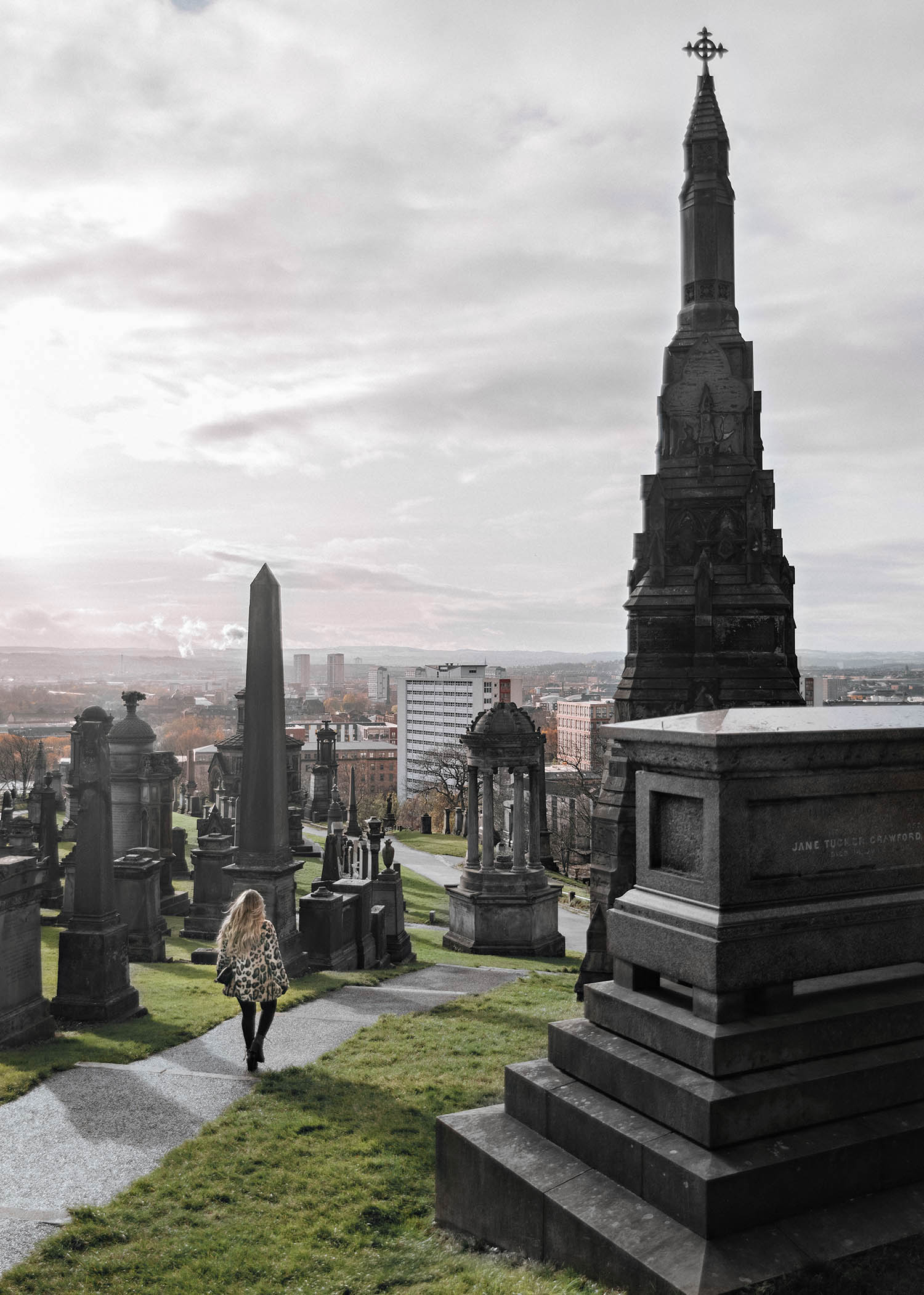 Adaras walking in The Glasgow Necropolis Cemetery