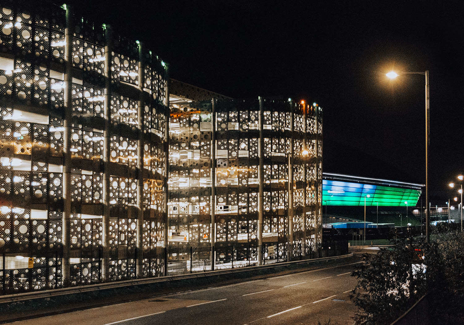 Hydro multi-storey car park by night, Glasgow, Scotland, UK