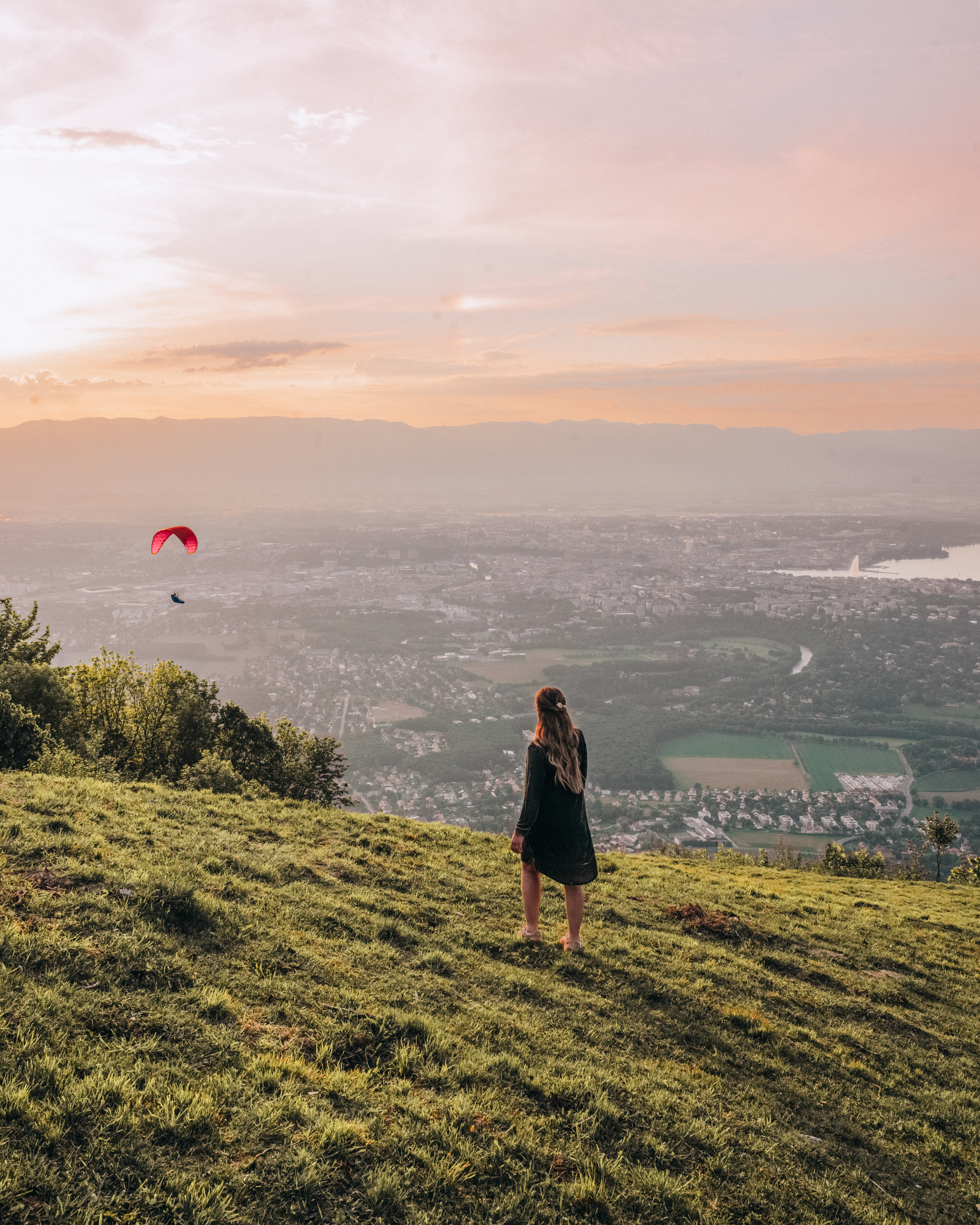 Paragliding into sunset, Mount Salève - Geneva in the background