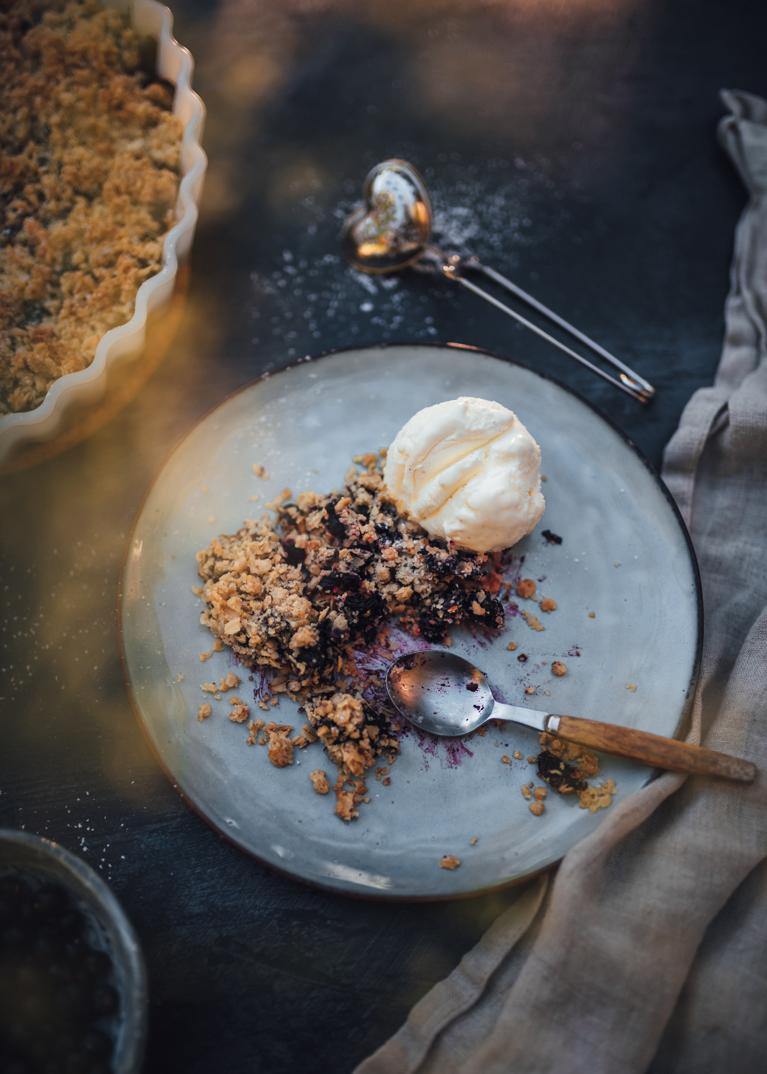 Blueberry Crumble Pie with Vegan Vanilla Ice Cream