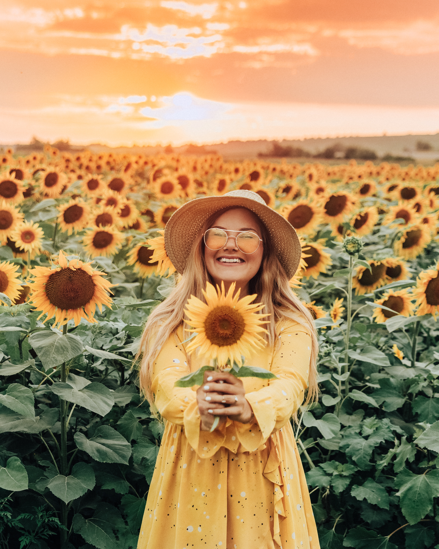 Ida Josefin Eriksson standing in a sunflower field in sunset in Slavonia, Croatia